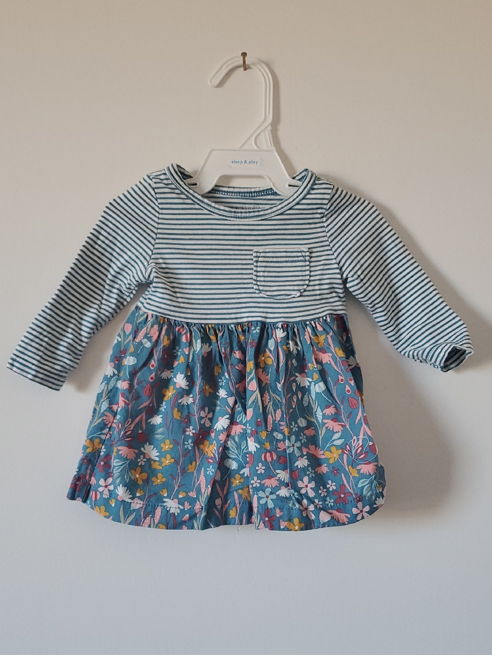 Carter's Baby Girl Blue Floral Stripe Long-Sleeve Dress Size 3 Months